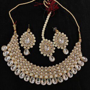 Pearl White Stone Necklace & Earring Set, Indian Wedding Jewelry
